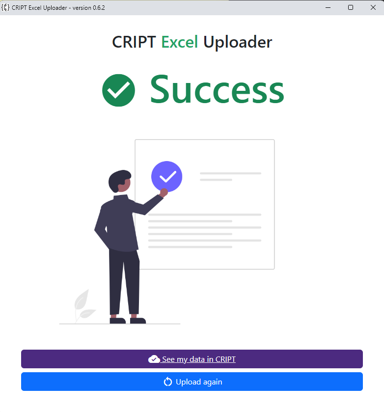 CRIPT Excel Uploader Success screen